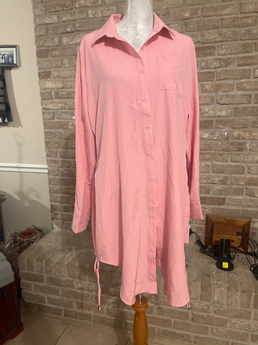 Pink Button Front Shirt Dress / Beach Cover-Up | XL | Side Drawstring Hem